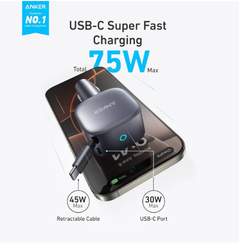 Anker Nano 75W USB-C Car Charger with Built-in Retractable USB-C Cable (A2738)
