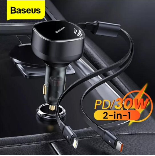 Baseus Enjoyment Retractable 2-in-1 Car Charger C+L 30W Black