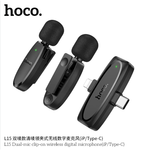 Hoco L15 Type C & Lightning Dual Mic Lavalier Wireless Microphone Black