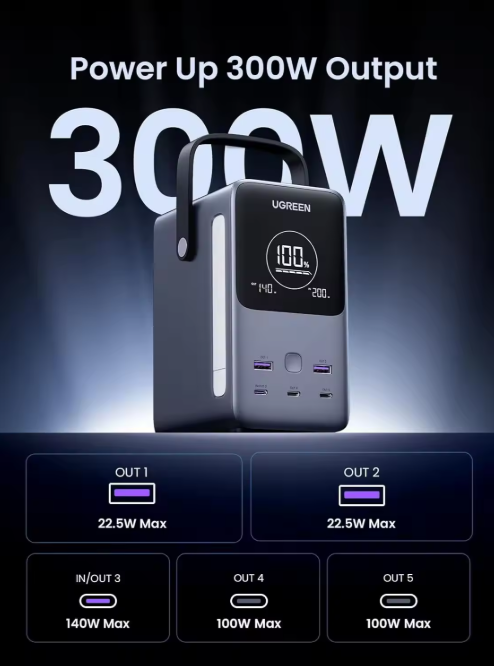 UGREEN 300W 48000mAh 5 Ports Portable Charger Power Bank with Smart Digital Display