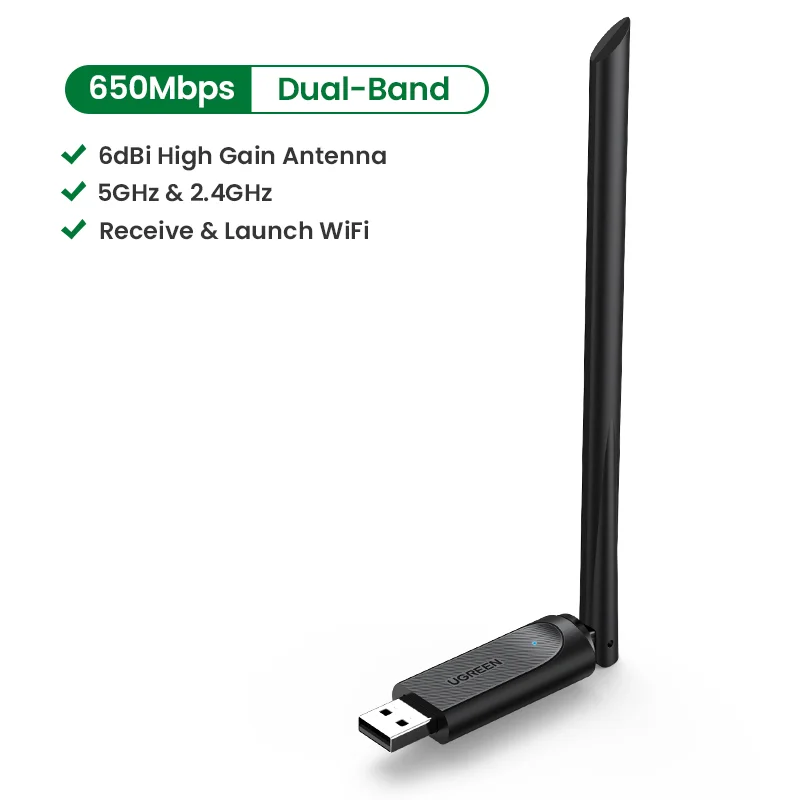 UGREEN WiFi Adapter AC650Mbps 6dBi Antenna WiFi USB for Laptop Computer (90339)